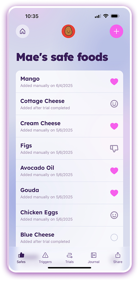 SafeYum Safe Foods List Screen